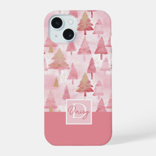 Coque iPhone 15 Motif d'arbre de Noël à l'aquarelle rose