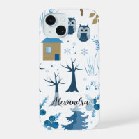 Motif d'arbres, de hiboux, de pins et de flocons d
