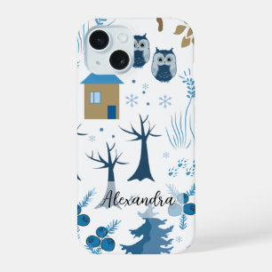 Coque iPhone 15 Motif d'arbres, de hiboux, de pins et de flocons d