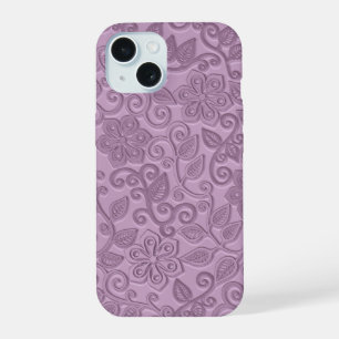 Coque iPhone 15 Motif d'art floral en faux cuir rose rétro chic