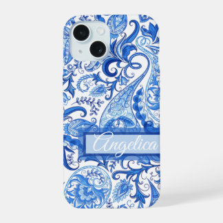 Coque iPhone 15 Motif d'art personnalisé bleu foncé blanc margueri