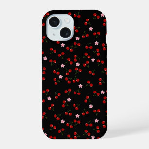 Coque iPhone 15 Motif de cerises sur fond noir