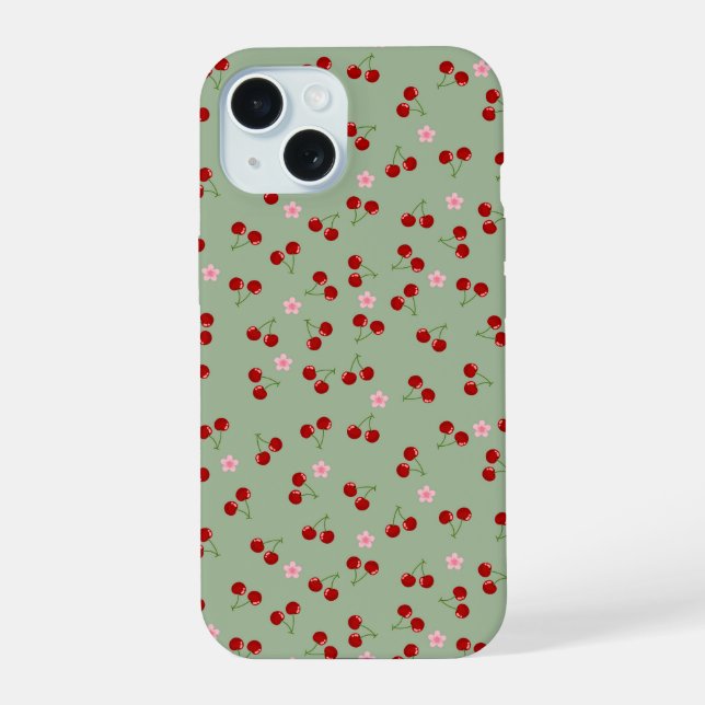 Coque iPhone 15 Motif de cerises sur fond vert (Verso)