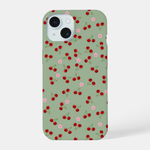 Coque iPhone 15 Motif de cerises sur fond vert