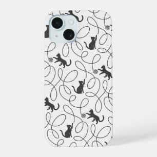 Coque iPhone 15 Motif de chat noir joueur et boule de fil