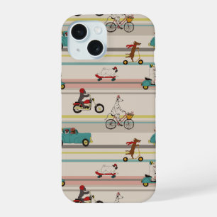 Coque iPhone 15 Motif de chiens se déplaçant dans des véhicules