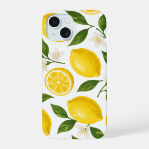 Coque iPhone 15 Motif de citron frais avec feuilles et fleurs