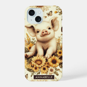 Coque iPhone 15 Motif de cochon de tournesol vintage mignon