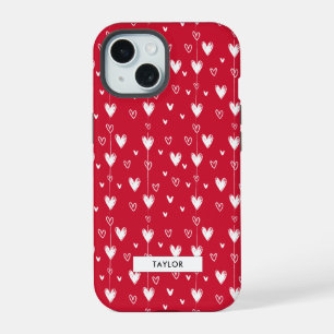 Coque iPhone 15 Motif de cœur rouge et blanc Monogramme Nom