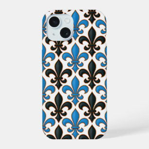 Coque iPhone 15 Motif de conception baroque fleur de lis noir bleu