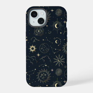Coque iPhone 15 Motif de constellation d'étoiles en or sur fond bl