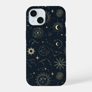 Coque iPhone 15 Motif de constellation d'étoiles en or sur fond bl