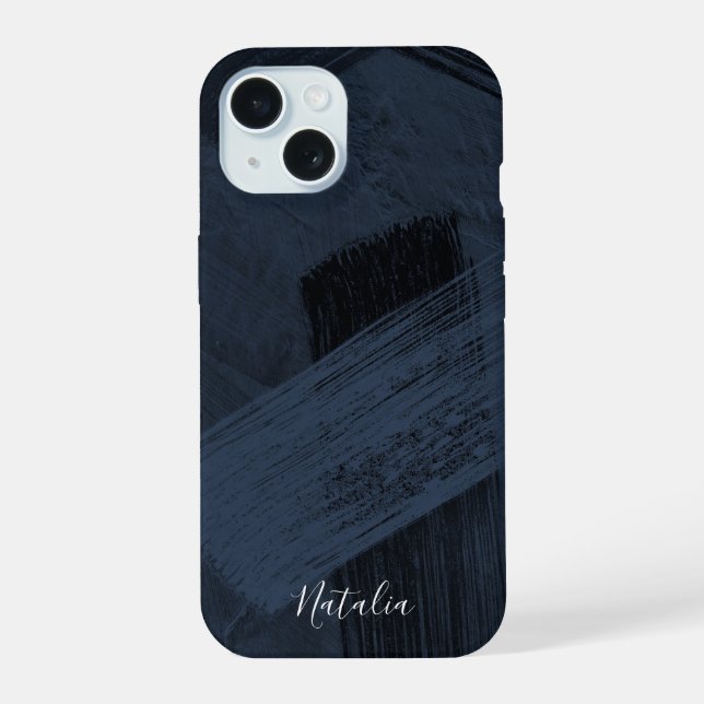 Coque iPhone 15 Motif de coup de pinceau bleu abstrait (Verso)