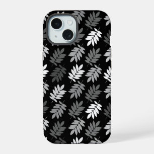 Coque iPhone 15 Motif de feuille aînée noir blanc gris