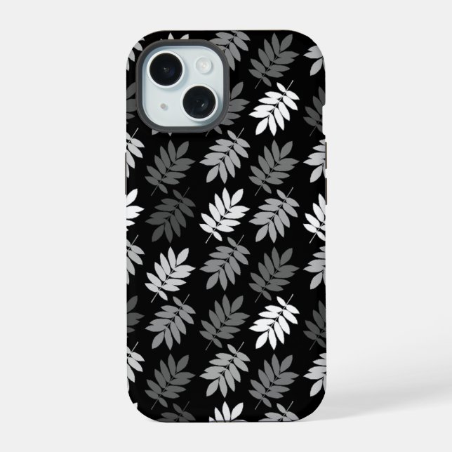 Coque iPhone 15 Motif de feuille aînée noir blanc gris (Verso)