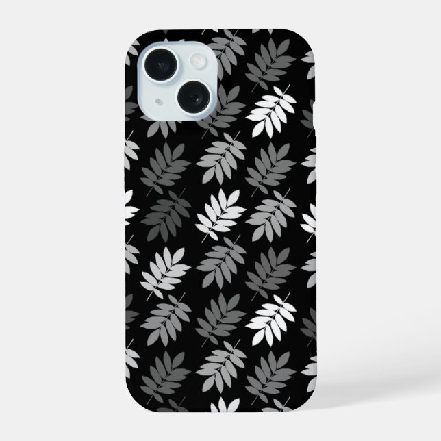 Coque iPhone 15 Motif de feuille aînée noir blanc gris (Verso)