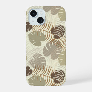 Coque iPhone 15 Motif de feuille tropicale élégant beige, pierre