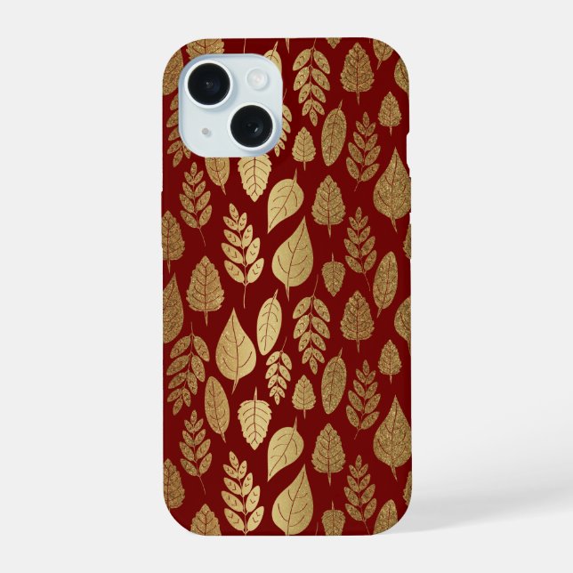 Coque iPhone 15 Motif de feuilles dorées et rouges (Verso)