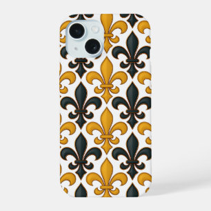 Coque iPhone 15 Motif de fleur de lis baroque noir jaune Design