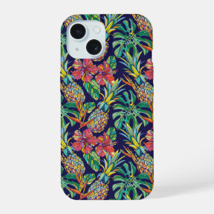 Coque iPhone 15 Motif de fleurs d'hibiscus et d'ananas tropicaux