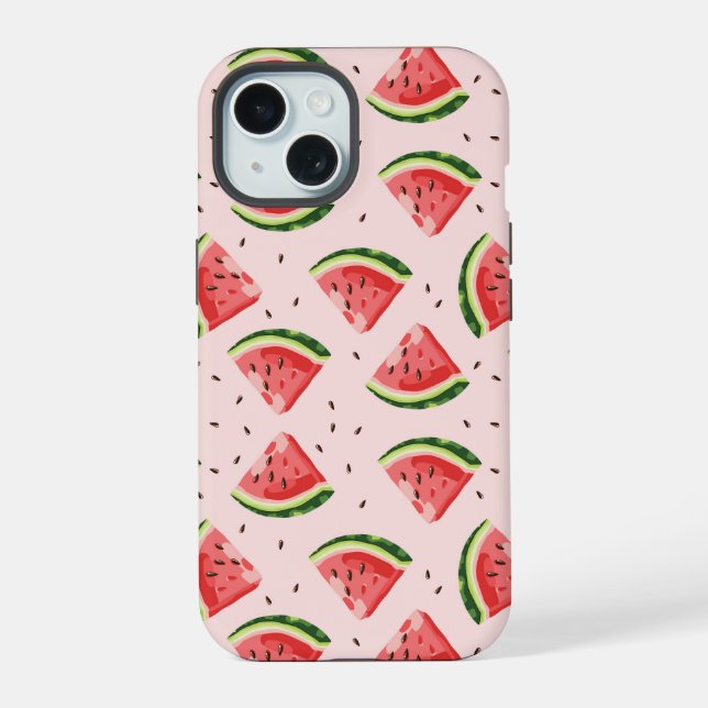 Coque iPhone 15 Motif de fruit de pastèque à l'aquarelle (Verso)