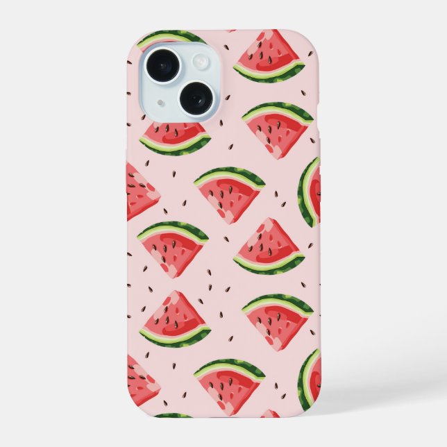 Coque iPhone 15 Motif de fruit de pastèque à l'aquarelle (Verso)