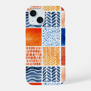 Coque iPhone 15 Motif de grille aquarelle vibrante en bleu et oran
