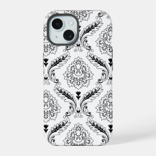 Coque iPhone 15 Motif de ligne damassé rococo noir sur blanc