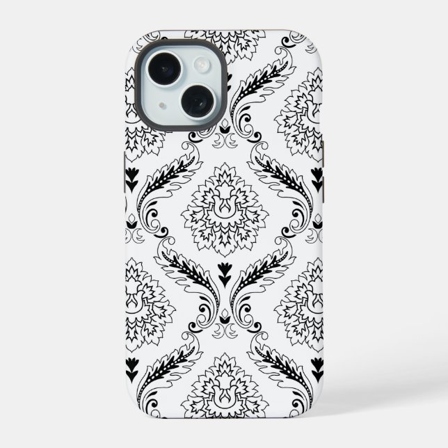 Coque iPhone 15 Motif de ligne damassé rococo noir sur blanc (Verso)