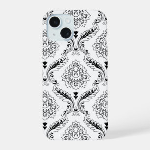 Coque iPhone 15 Motif de ligne en damas rococo noir sur blanc