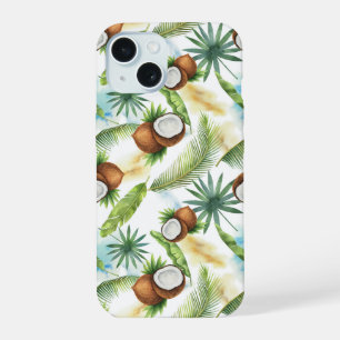 Coque iPhone 15 Motif de noix de coco tropical à l'aquarelle
