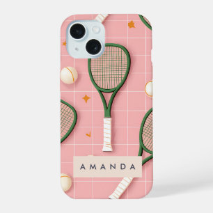 Coque iPhone 15 Motif de raquette de tennis rétro personnalisé ave