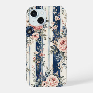 Coque iPhone 15 Motif de rayure florale marine aquarelle