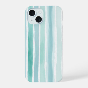Coque iPhone 15 Motif de rayure verticale aqua aquarelle côtier