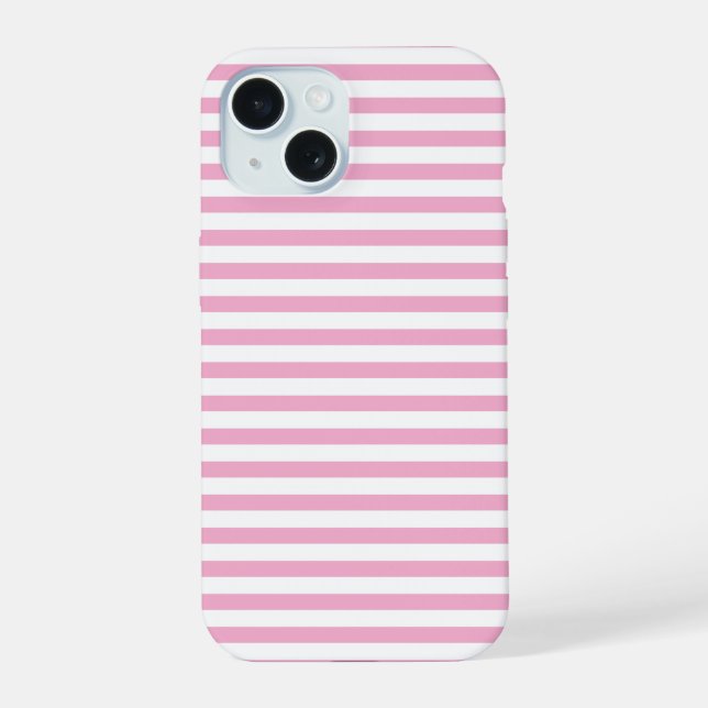 Coque iPhone 15 Motif de rayure verticale rose et blanc (Verso)