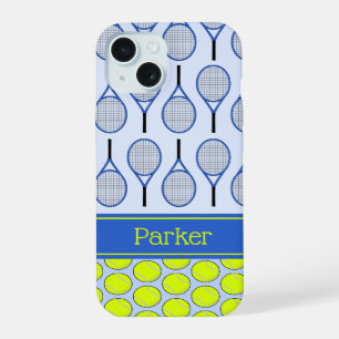Coque iPhone 15 Motif de tennis nom personnalisé bleu
