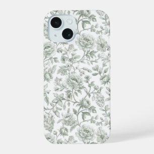 Coque iPhone 15 Motif de toile fleurie vert sauge vintage