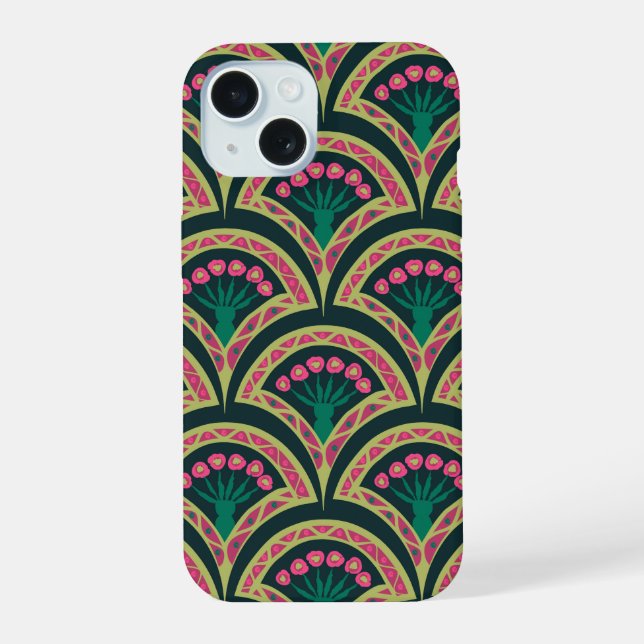 Coque iPhone 15 Motif de ventilateur floral rose et vert (Verso)