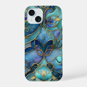 Coque iPhone 15 Motif de verre coloré bleu et vert personnalisable