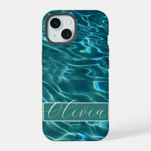 Coque iPhone 15 Motif d'eau aqua bleue vagues océaniques monogramm