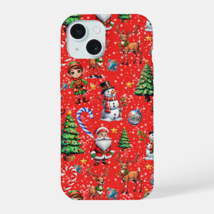 Coque iPhone 15 Motif décoratif de Noël à fond rouge
