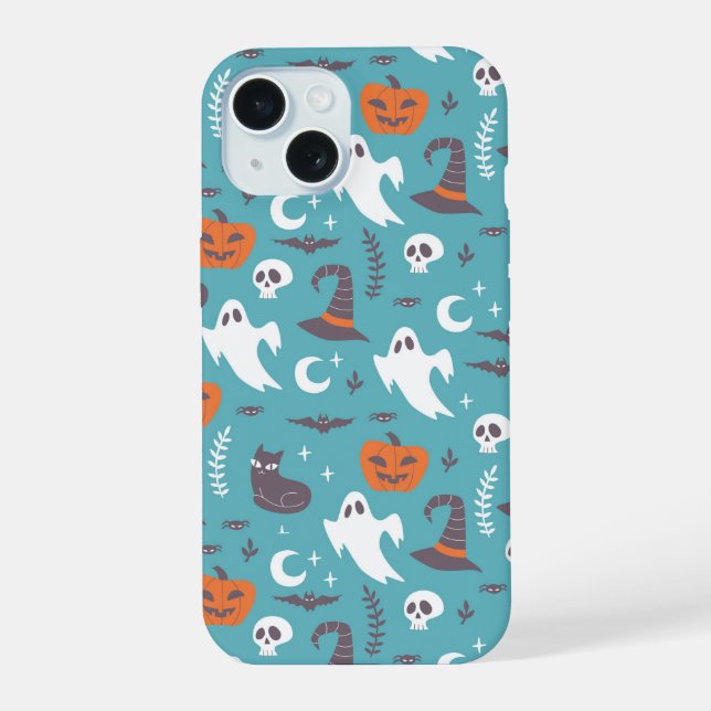 Coque iPhone 15 Motif d'Halloween Turquoise amusant (Verso)