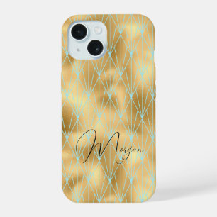 Coque iPhone 15 Motif diamant Art déco, or et sarcelle, nom en écr