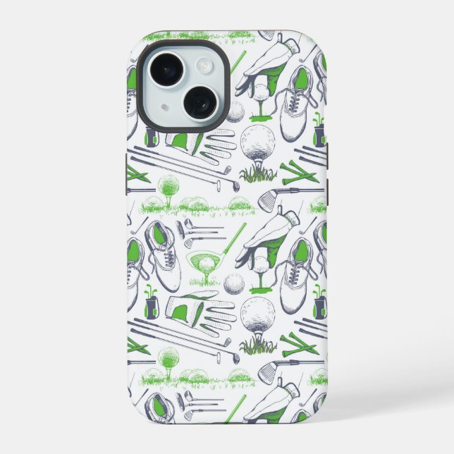 Coque iPhone 15 Motif d'icônes de golf vert (Verso)