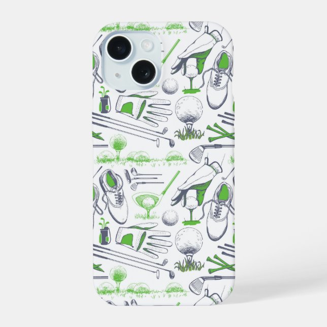 Coque iPhone 15 Motif d'icônes de golf vert (Verso)