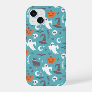 Coque iPhone 15 Motif doodle sarcelle amusant Halloween