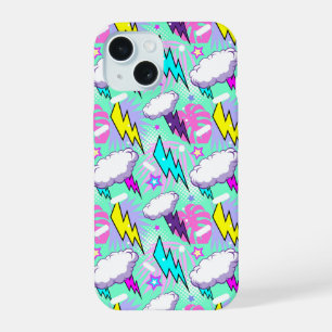 Coque iPhone 15 Motif Éclairs et Étoiles Néon