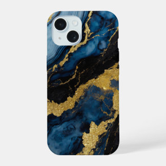 Coque iPhone 15 Motif en marbre bleu avec or