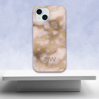 Coque iPhone 15 Motif en marbre rose or crème