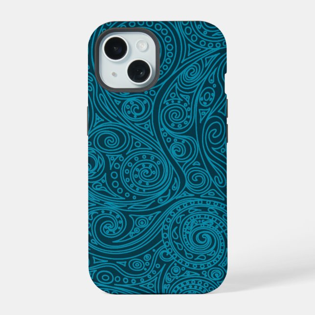Coque iPhone 15 Motif en spirale bleu sarcelle (Verso)